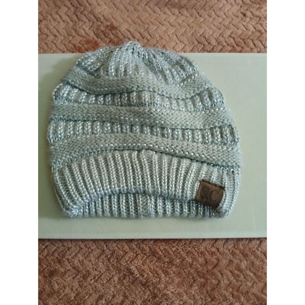 C.C. Gray Silver Metallic Knit Beanie Winter Hat Women’s Sparkle Cuffed